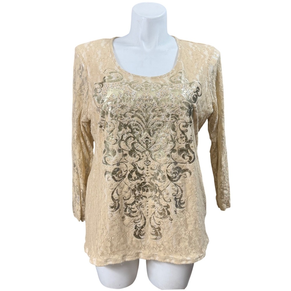 Reba Womens XL Beige Floral Lace Gold Foil Rhinestone 3/4 Sleeve Scoop Neck Top